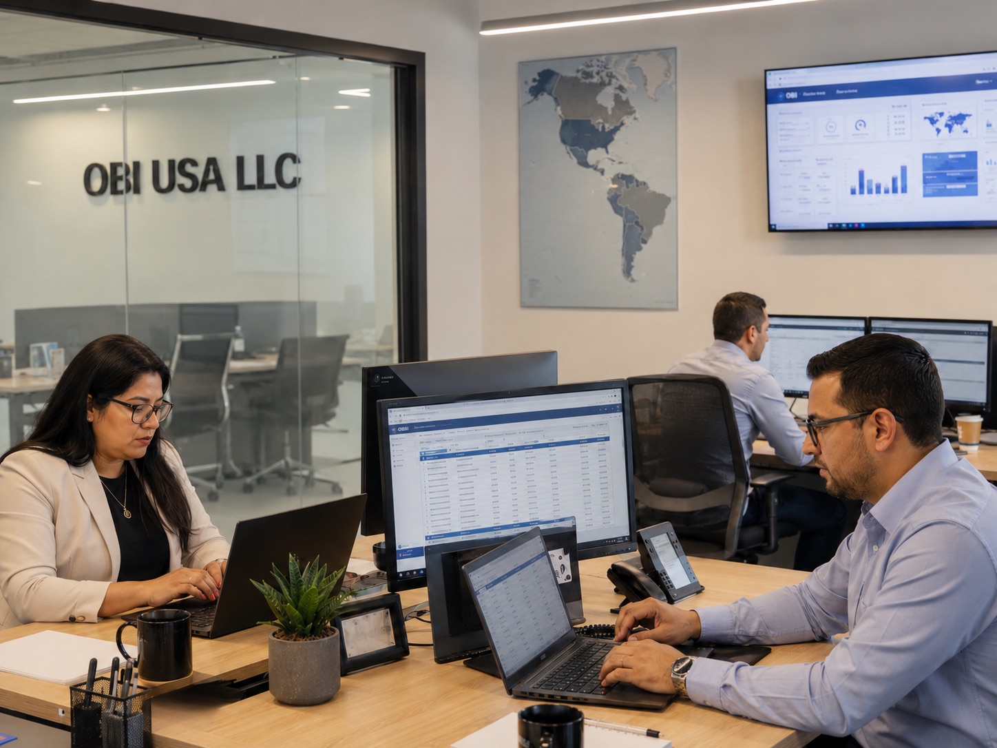 Equipo de OBI USA LLC trabajando en su oficina de Miami